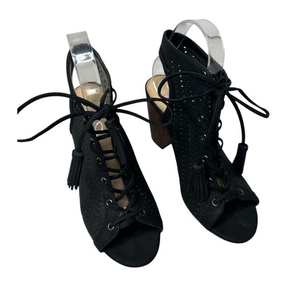 Jessica Simpson Black Peep Toe Lace Up Block Heel Bootie Shoe Sz 7.5 - Picture 2 of 5